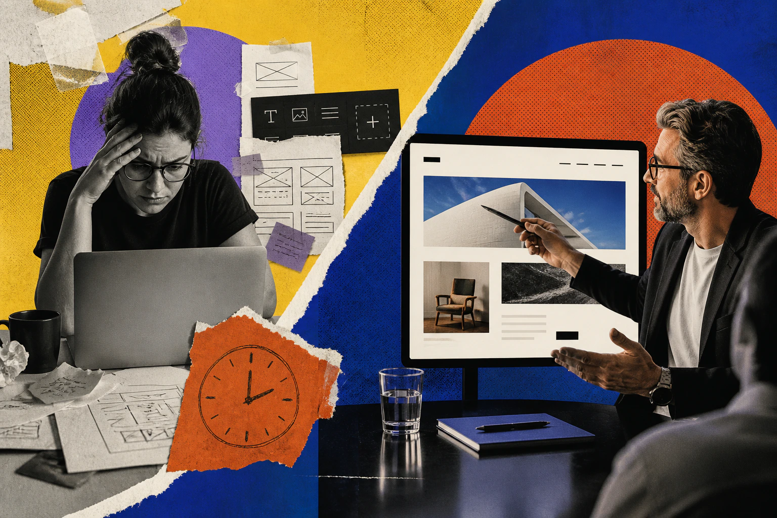 Split graphic comparing a drag-and-drop website builder with a professional designer presenting a finished website