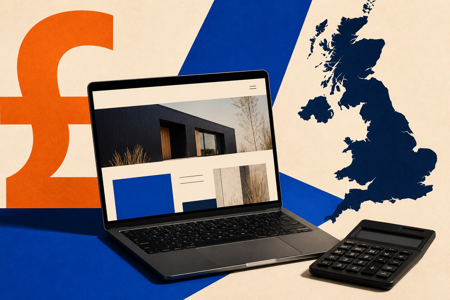 Laptop displaying a small-business website beside a calculator, pound symbols and a map of the United Kingdom