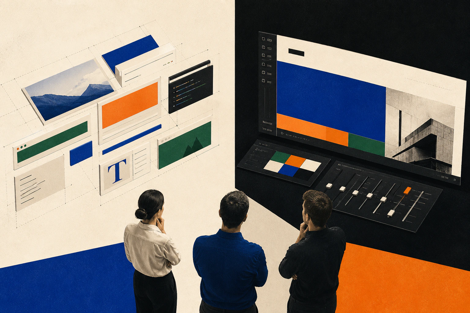 Business team comparing a modular website ecosystem with an integrated visual design platform